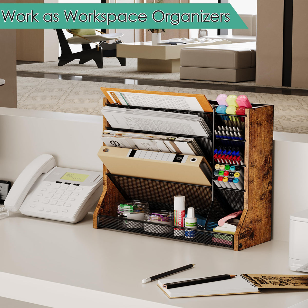 Jakyitvi Wall Desk File Organizer 5 Tiers, Ironwood Hanging File Organizer with R-shaped Tray, Wall File Holder for Office Home, 4 Pull-Out Divider and Pen Slots to Sort File,Mail,Newspaper,Pen, Brown