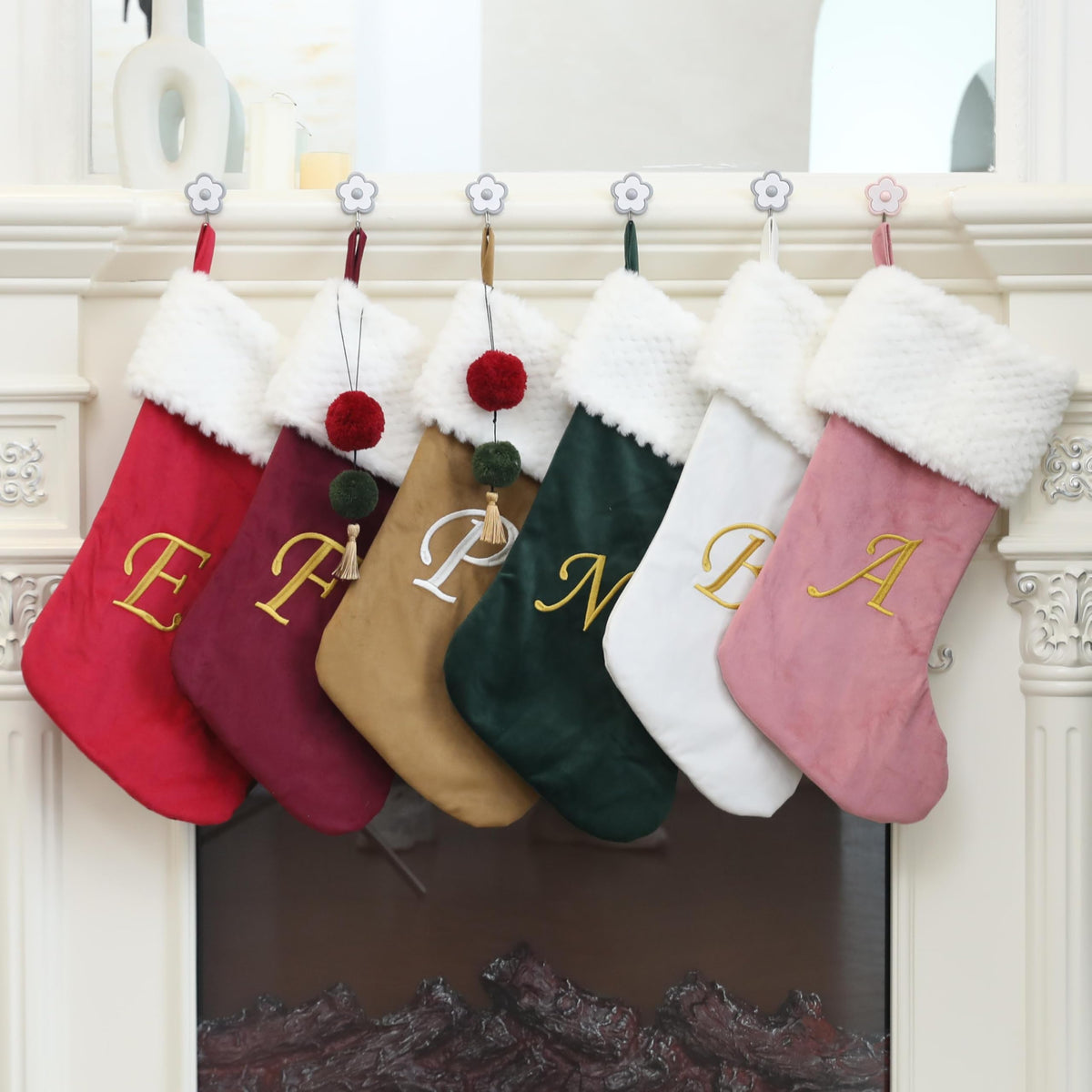 Pxniy 19.5" Personalized Burgundy Christmas Stocking with Embroidered Initials- Fireplace Stockings, Family Holiday Xmas Party Decor Mom