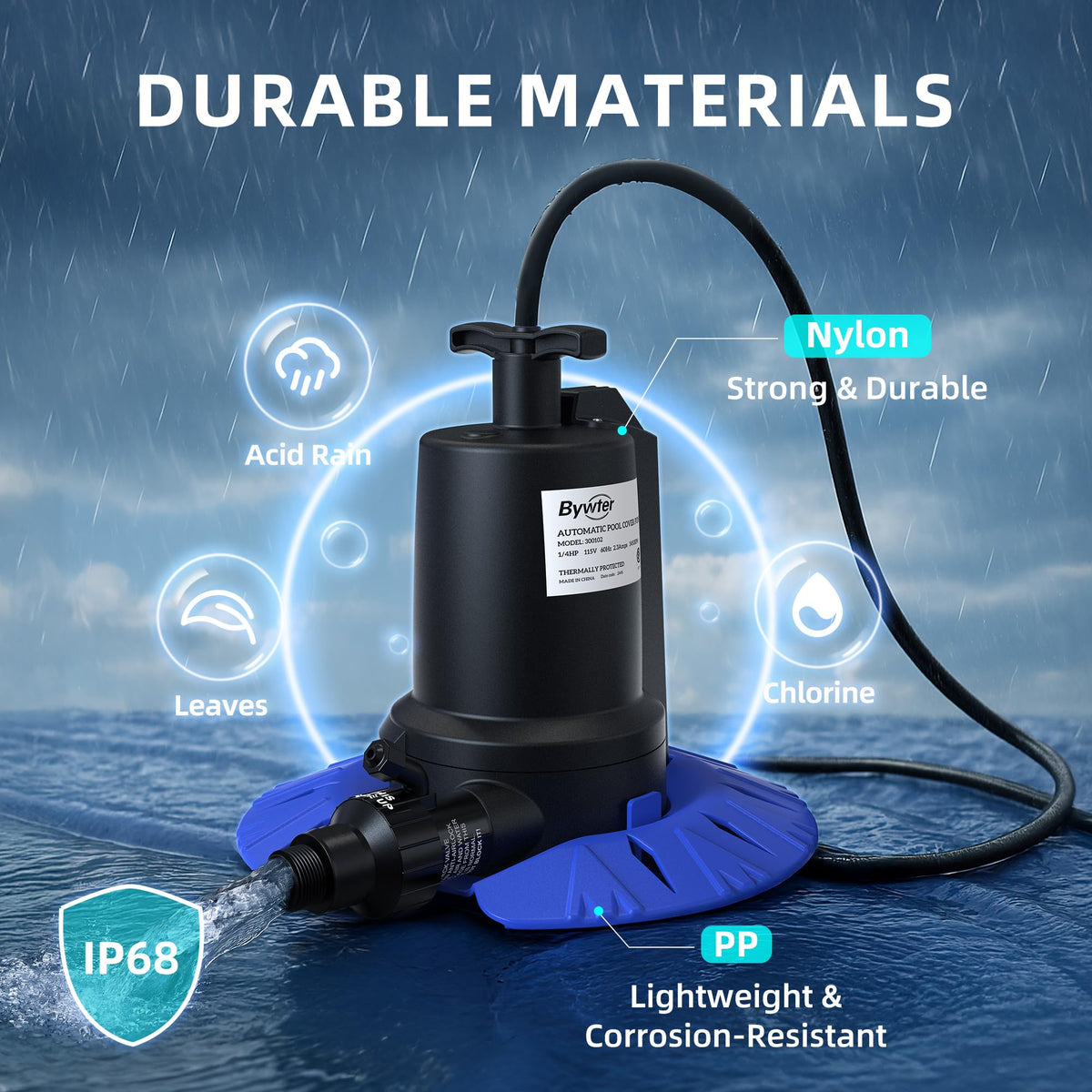 Bywter Pool Cover Pump, 1/4HP Automatic Swimming Pool Cover Pump, 1800 GPH Submersible Sump Pump with Check Valve Adapter for 3/4" & 1-1/4" Hoses and 25ft Power Cord, Water Removal for Pool Cover