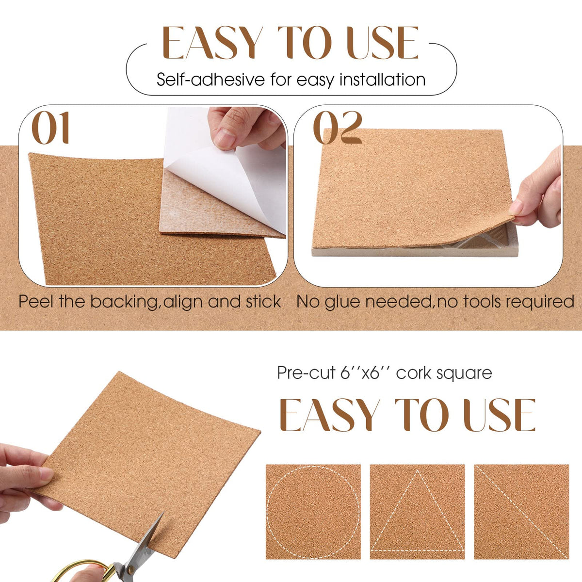 Chunful 60 Pcs Self Adhesive Cork Squares 6" x 6" Cork Backing Sheets for Coasters DIY Ceramic Tiles, Mat, Mini Wall Board, 2 mm Thick