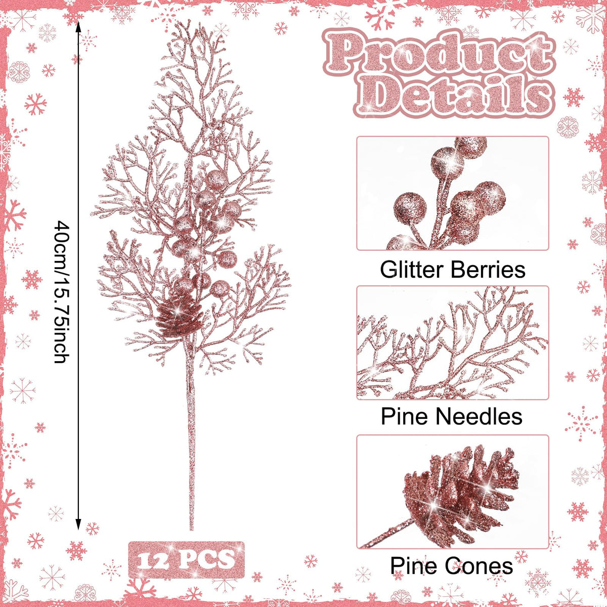 Tigeen 12 Pcs Christmas Tree Picks Bulk Artificial Christmas Tree Filler Glitter Berries Stems Branches Floral Decorations 15.75'' Xmas Sprays Twigs Berry Picks for Vase (Rose Gold)