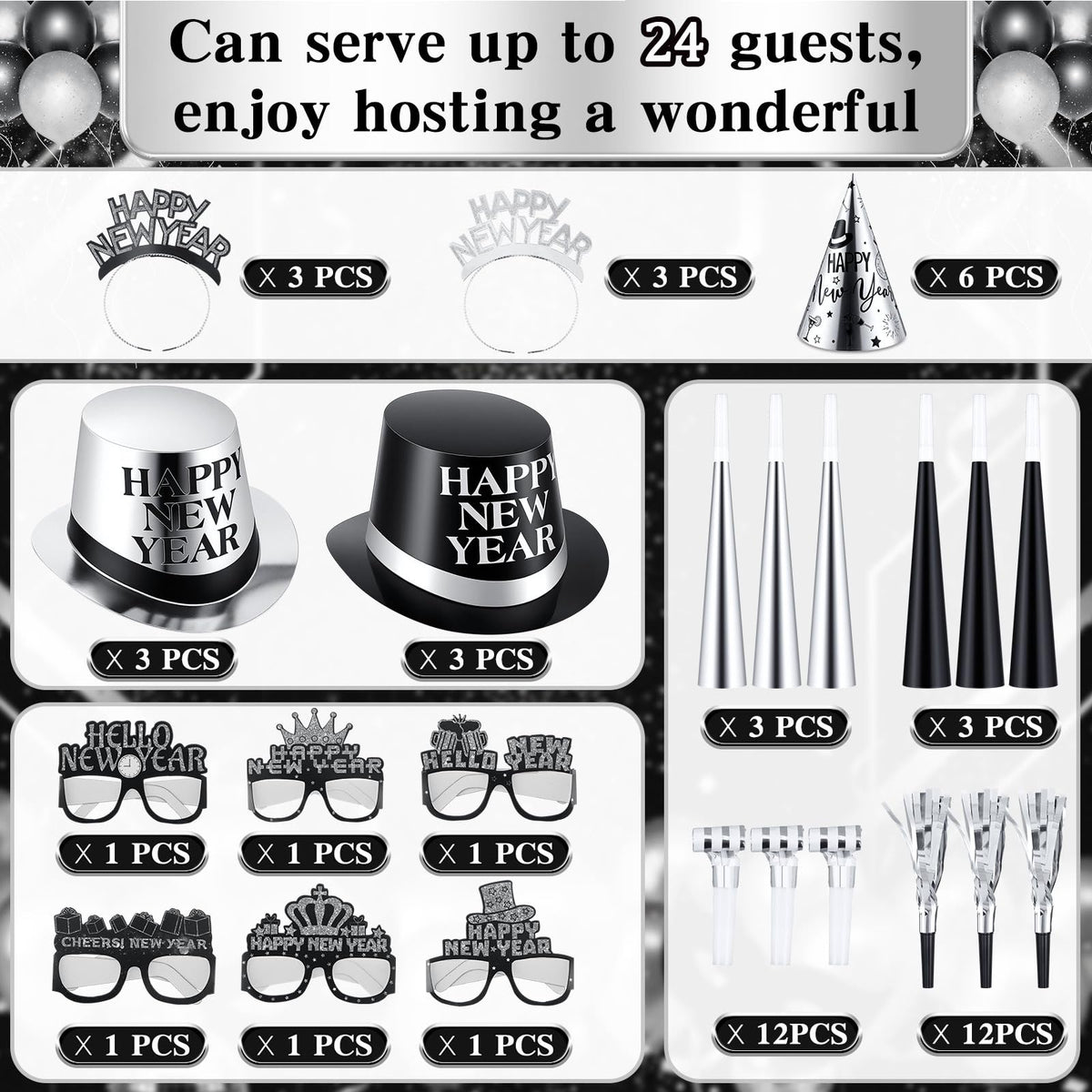 Junkin 54 Pcs New Years Eve Party Supplies 2026 Kit for 24 Guests Include Top Hats Cone Hats Glasses Headbands Blowing Dragon Trumpet Happy New Year Decorations Bulk Party Favors (two-tone)