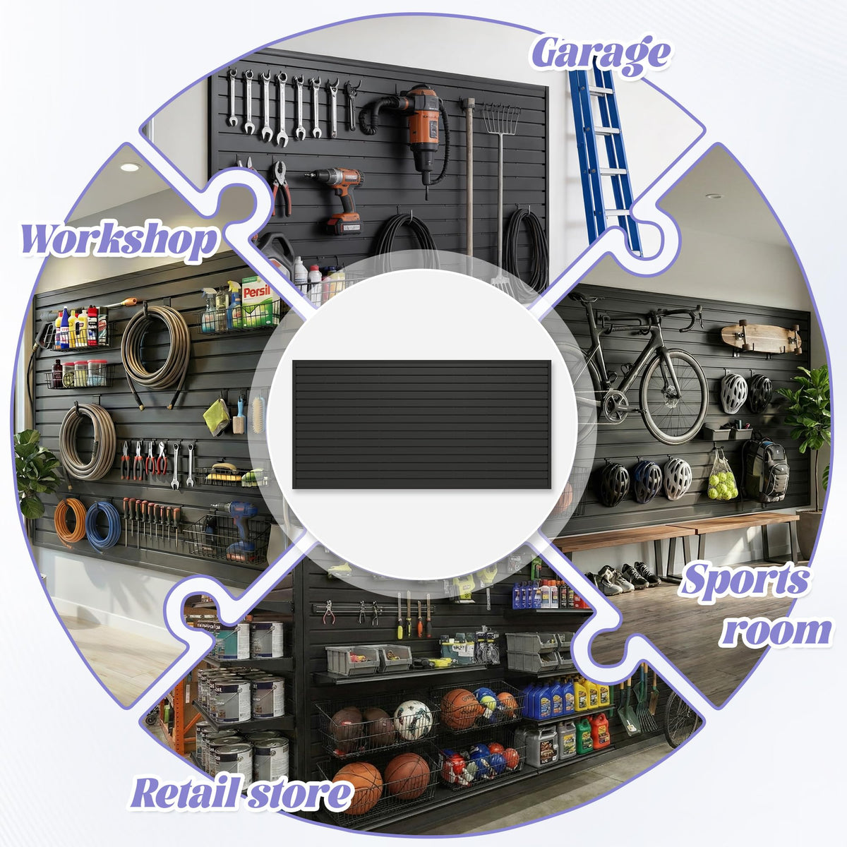 SMARTSTANDARD Heavy Duty PVC Slatwall Panels 4x8 ft, Interlocking Garage Wall Organizer System, Tool Board for Retail Display, Workshop & Home Storage - Black