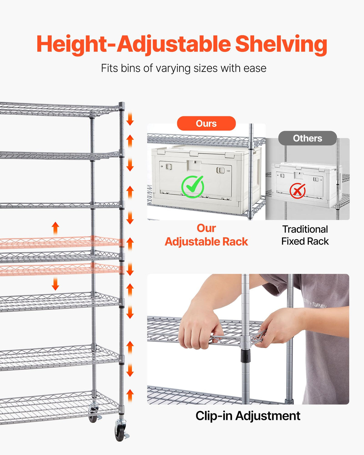 VEVOR 7-Tier Rolling Bin Storage Rack, 18 Organizer Bins, Bin Rack Storage Steel Wire Shelving System with Wheels, Mobile Tool Organizer for Garage, Warehouse, Office, Restaurant, Classroom, Kitchen
