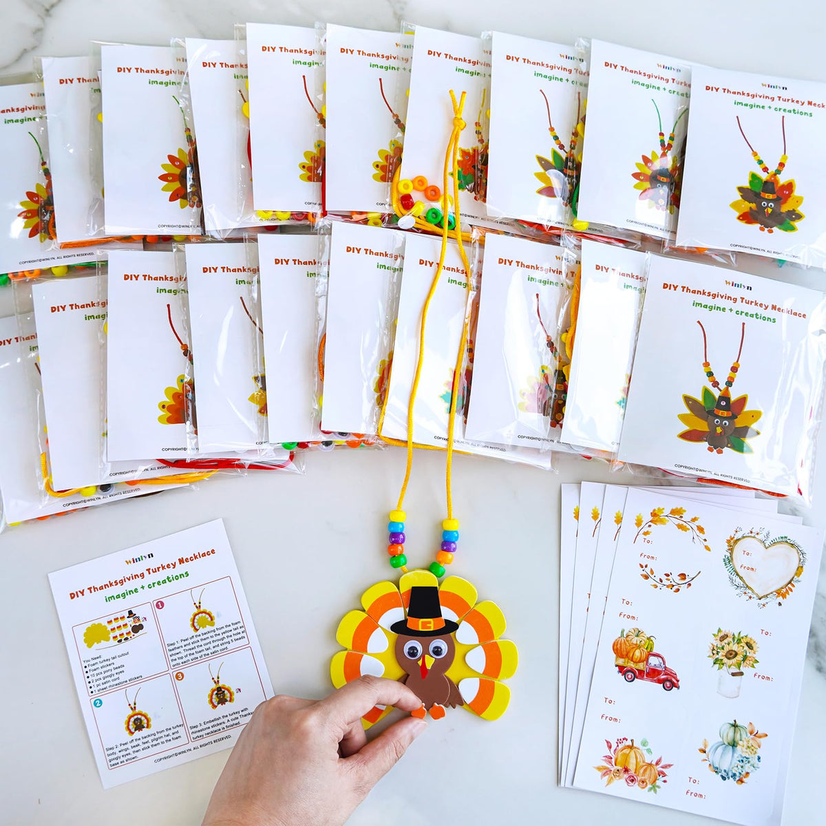 Winlyn 24 Sets Fall Craft Kits DIY Thanksgiving Turkey Necklaces Art Sets Autumn Maple Leaves Turkey Feathers Foam Thanksgiving Stickers for Kids Harvest Home Classroom Activities Party Favors