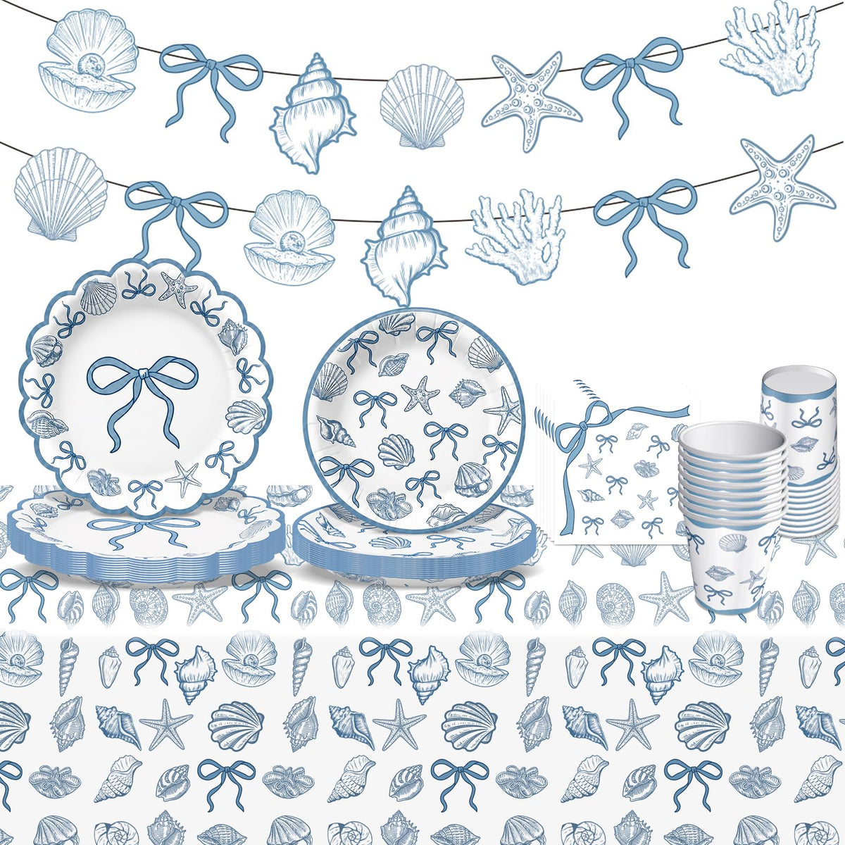 Seashell Party Decorations Ocean Sea shell Party Plates Supplies Blue Bow Seashell Paper Plates Napkins Tablecloth for The Summer I Turned Pretty Party Decorations, Serves 24