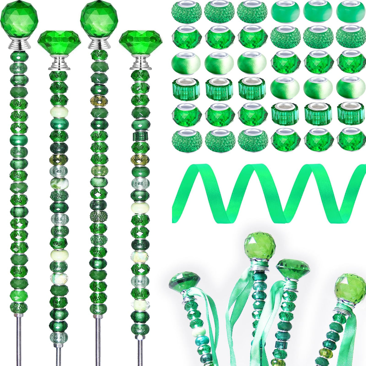 119 Pcs Garden Stake DIY Fairy Wand Plant Stake with Green Large Hole Beads Crystal Diamond Stopper Top 4 Stainless Steel Threaded Rod Beaded Garden Stakes for Outdoor Indoor Yard Patio Decorations