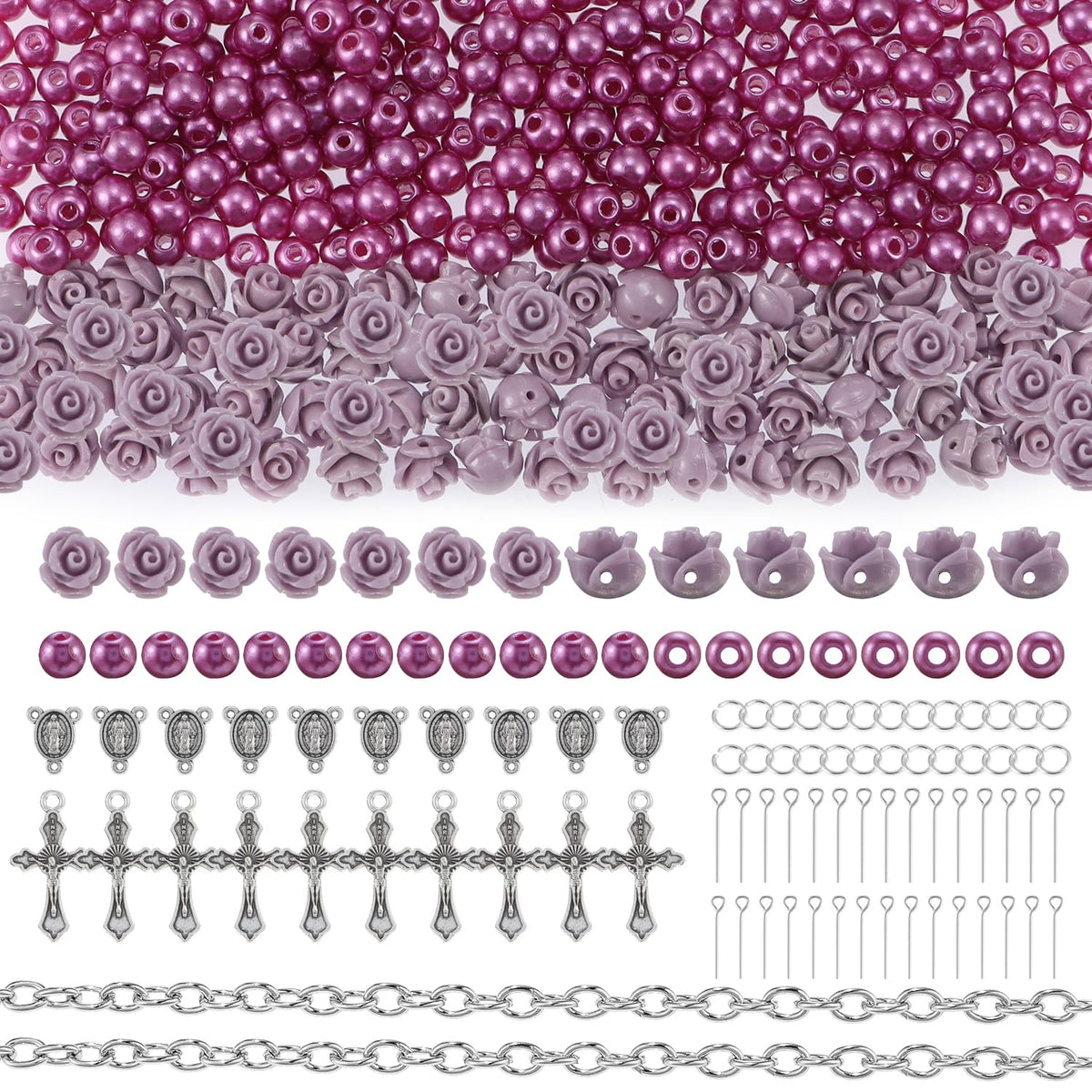 OEMOO 1410PCS Rosary Jewelry Making Kit Rosary Prayer Making Supplies Carved Rose Beads Cross Centerpiece Crucifix Medal, Silver Jesus Maria Pendant for Rosary Bracelet Necklace Jewelry (Purple)