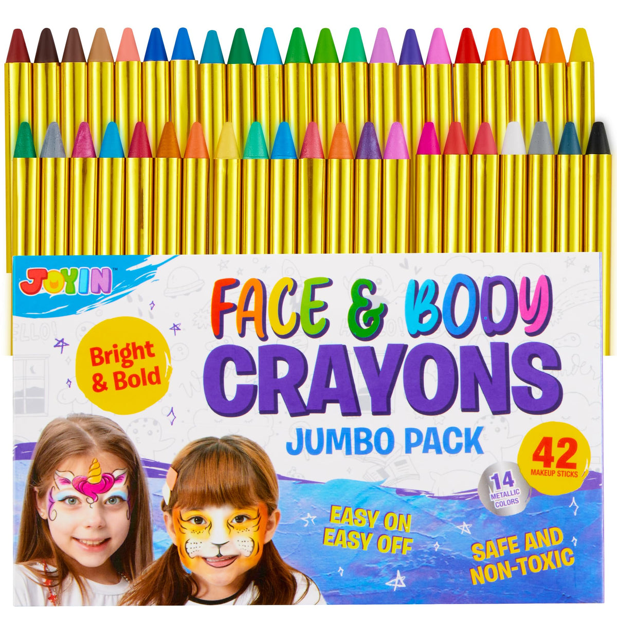 42PCS Face and Body Paint Crayons, XL Face Painting Kit Safe and Non-Toxic Ultimate Party Pack Including 14 Metallic Colors for Birthday Makeup Party Supplies, Festivals, Gifts for Kids Girls Boys