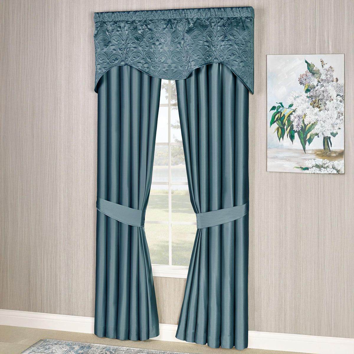 Cambridge Classic Luxury Window Treatment | Bold Blue Shadow Solid Color Polyester Satin | Elaborate Damask Quilted Scalloped Valance | Drapery Set Includes Scalloped Valance & 84L Lined Curtain Pair