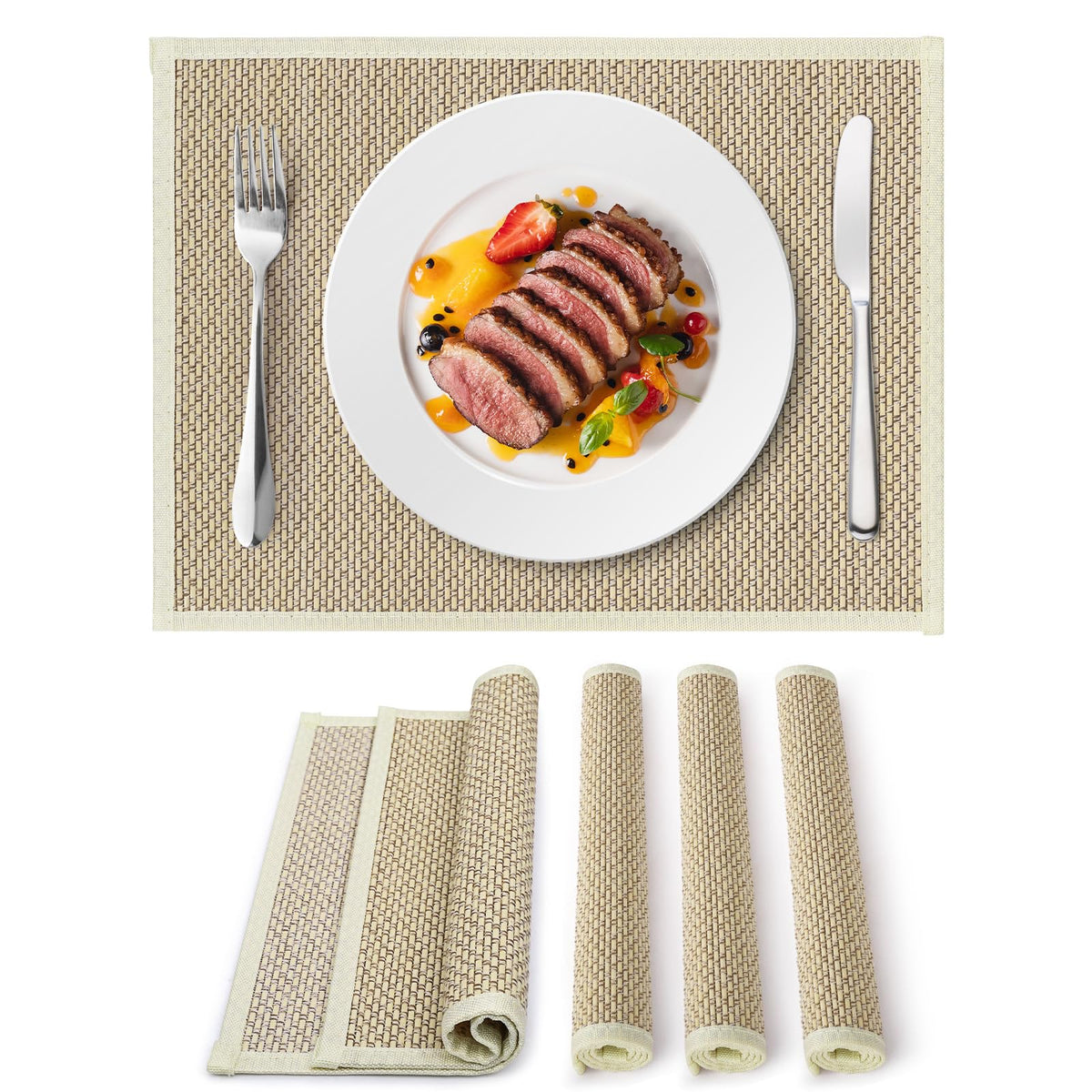 fanquare Bamboo Placemats with Fabric Border Set of 4 Natural Japanese Wooden Table Mats Sushi Rolling Mat for Dining Kitchen Room