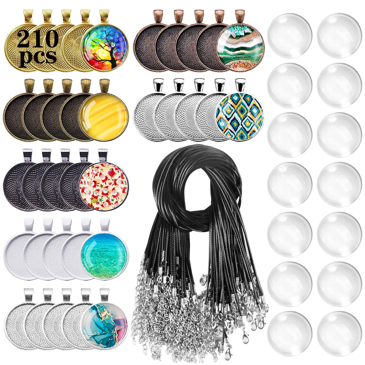 Csdtylh 210Pcs Pendant Trays Kit, Bezel Pendant Trays Charms Bulk with Glass Cabochon and Necklace Cords Set for Homemade Necklaces, Jewelry Making, DIY Crafts, Resin Art and Paint Pour Skins