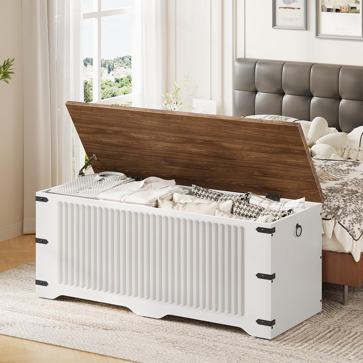 HOOBRO Storage Bench, Toy Box Organizer, Toy Chest with Safety Hinge, Farmhouse Style Storage Chest, 39.3 x 15.7 x 17.7 Inches for Living Room, Bedroom, Entryway, White and Walnut WH26CW01
