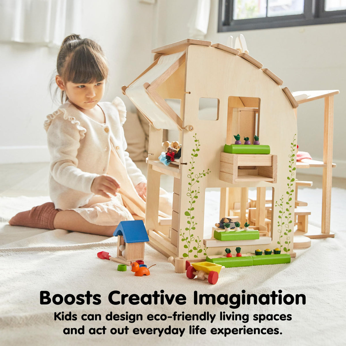PlanToys® Green Wooden Dollhouse with Furniture | Eco Friendly Doll House with Solar Panel, Wind Turbine & Recycling System | Pretend Play Dollhouse for Sustainable Living Role Play