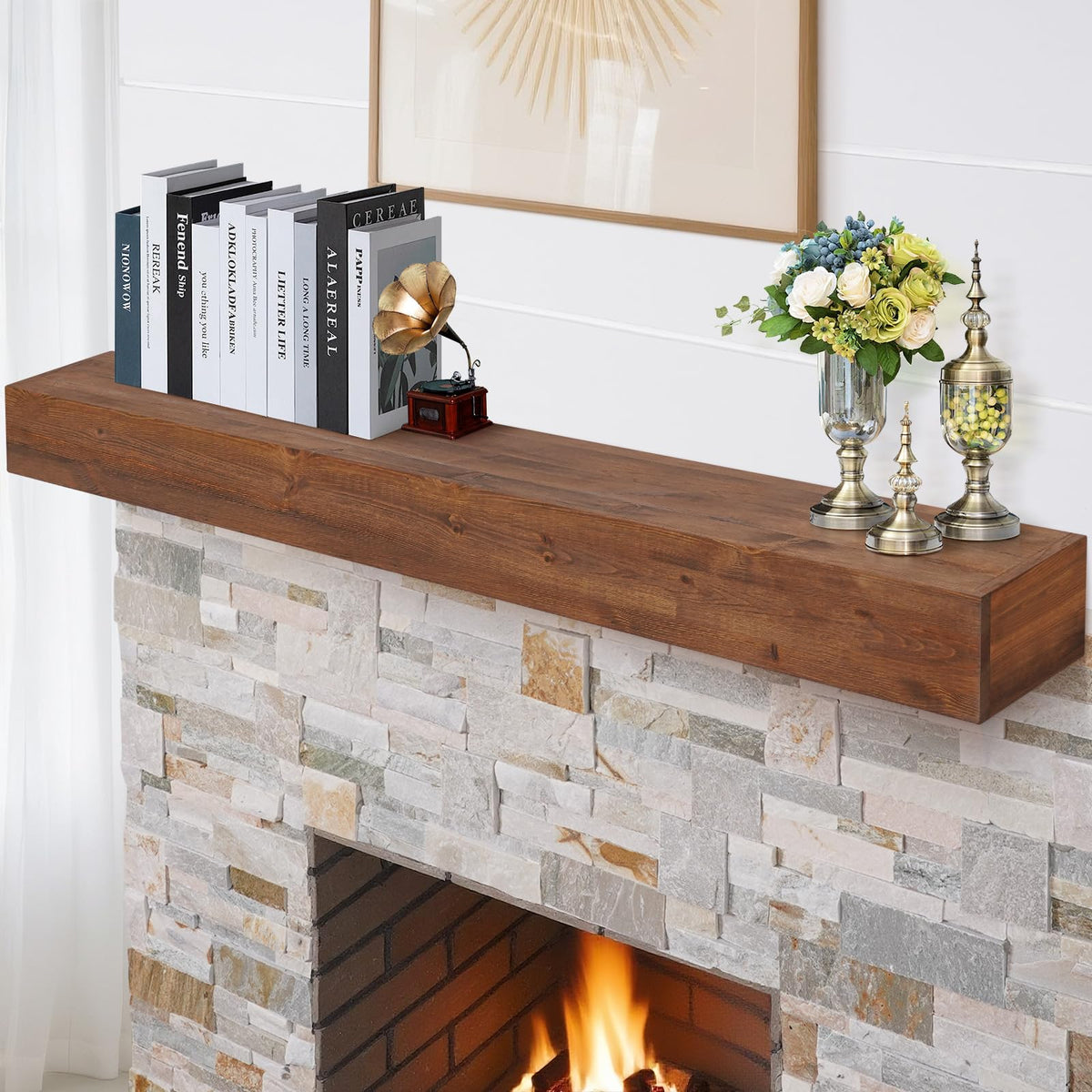 GoCampDirect Fireplace Mantle Shelf - 54×8×5Inch Handcrafted Wall Floating Mantel Shelf for Over Fireplace - Rustic Traditional Wooden Fireplace Mantels with Invisible Heavy Duty Wood Bracket