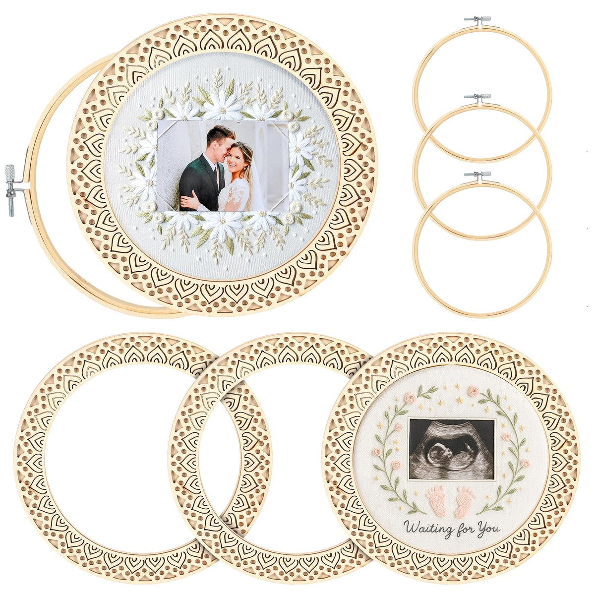 Kuabiz 8 Pcs Wood Embroidery Hoop Frame with Embroidery Hoops 8 Inch Heart Shaped Wooden Display Frame and Hoops for Finished Cross Stitch Craft Projects, Sewing & Decorative Ornaments