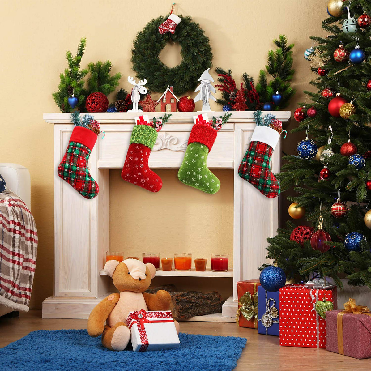 Syhood 24 Pieces 9 Inch Christmas Mini Stockings Plaid Snowflake Christmas Tree Hanging Stocking for Xmas New Year Party Decorations