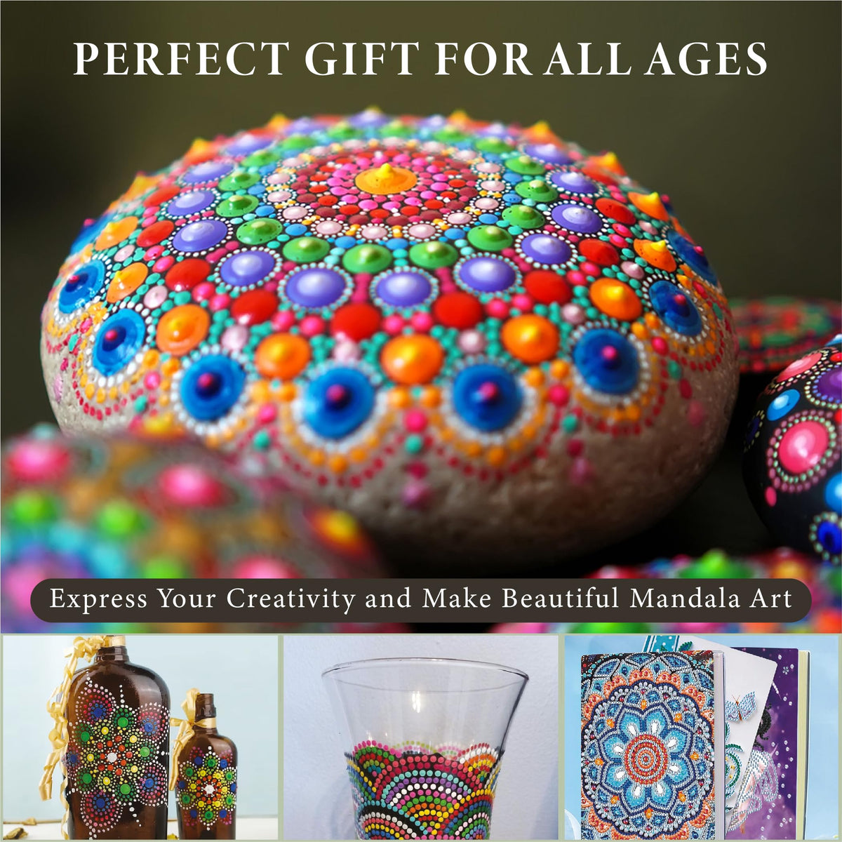 MoonGarden Mandala Rock Painting Kit - Mandala Dotting Tools Kit - Large Wooden Rocks for Painting, Stencils, Acrylic Paints, Dotting Tools for Rocks - Dot Art Kit for Adults & Kids