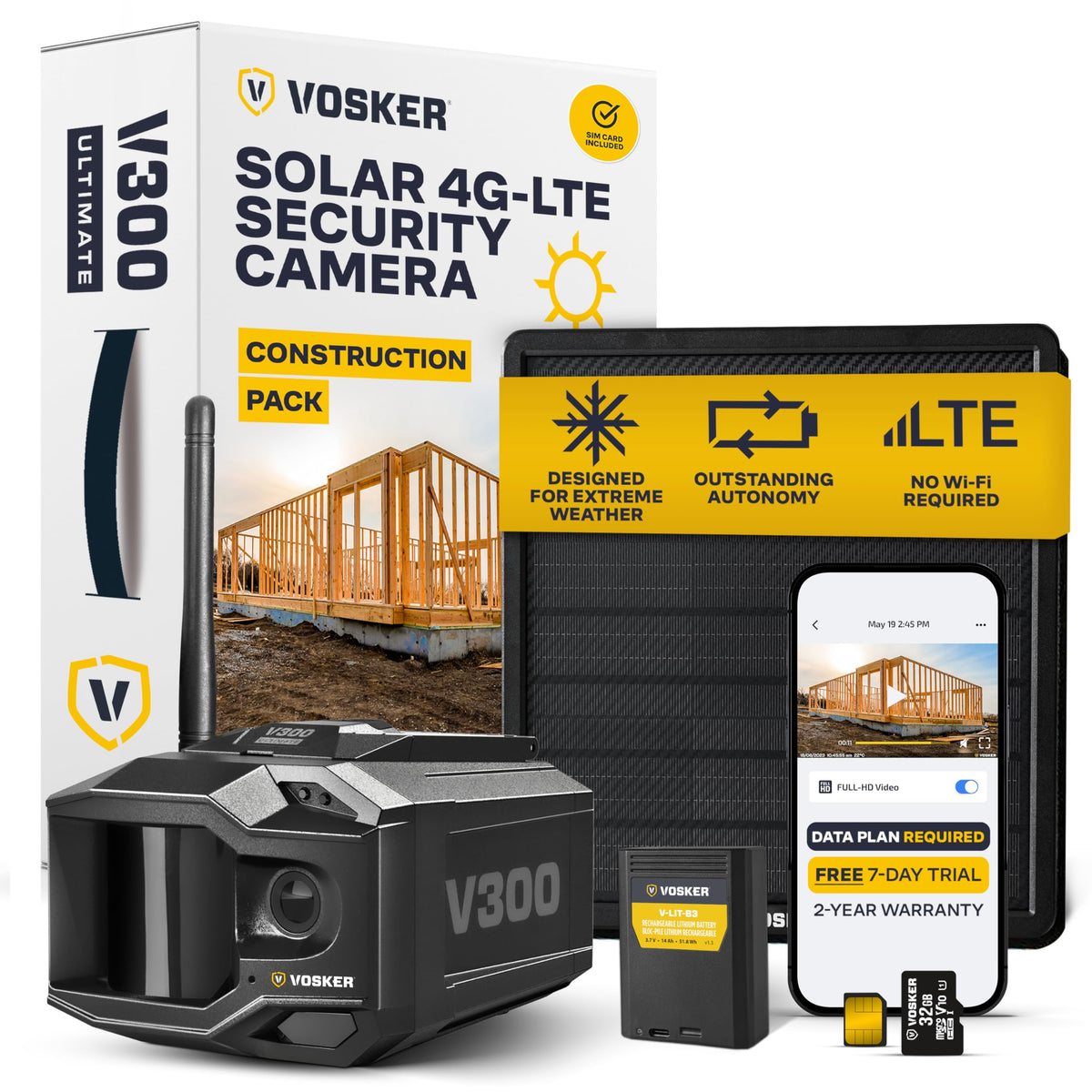 Vosker V300 Ultimate Construction Pack Outdoor Security Camera with External Solar Panel for Remote Construction Sites 4G LTE Black Single Unit with Battery