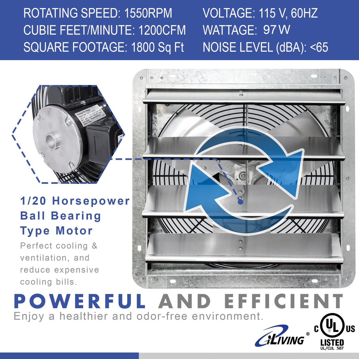 iLIVING 16" Wall Mounted Shutter Exhaust Fan, Automatic Shutter, with Thermostat and Variable Speed controller, 0.85A, 1200 CFM, 1800 SQF Coverage Area Silver (ILG8SF16V-ST)