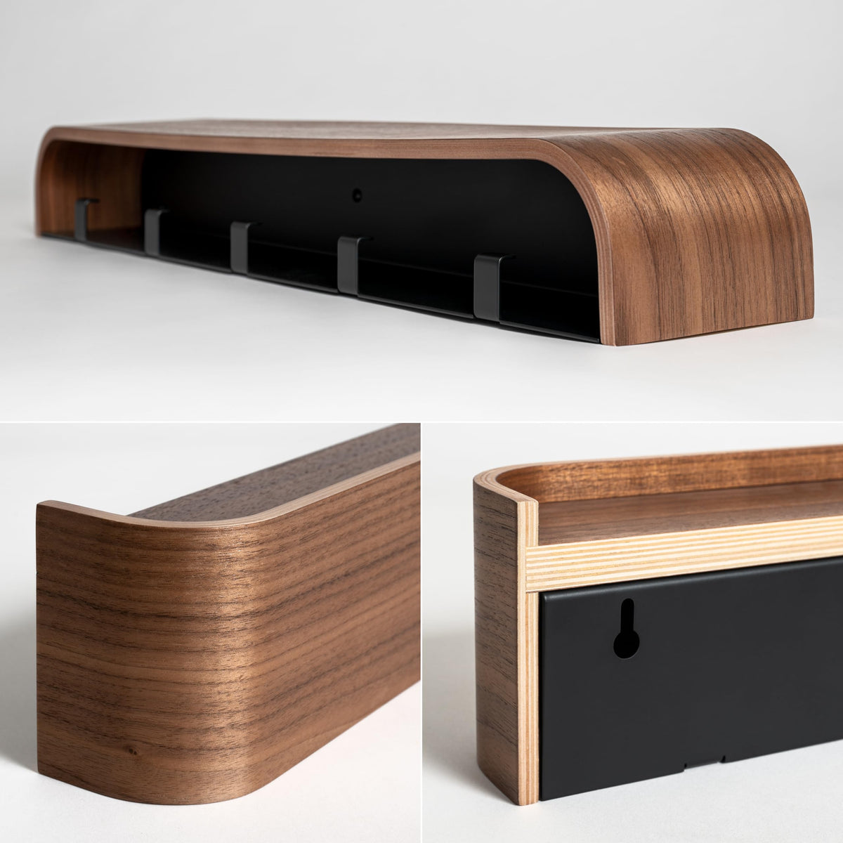Kazai. Wall-Mounted Coat Rack 'Toke' - Modern Design Coat Rack with Hidden Wall Hooks - Solid Wood Veneer Panel Coat Hanger - Walnut