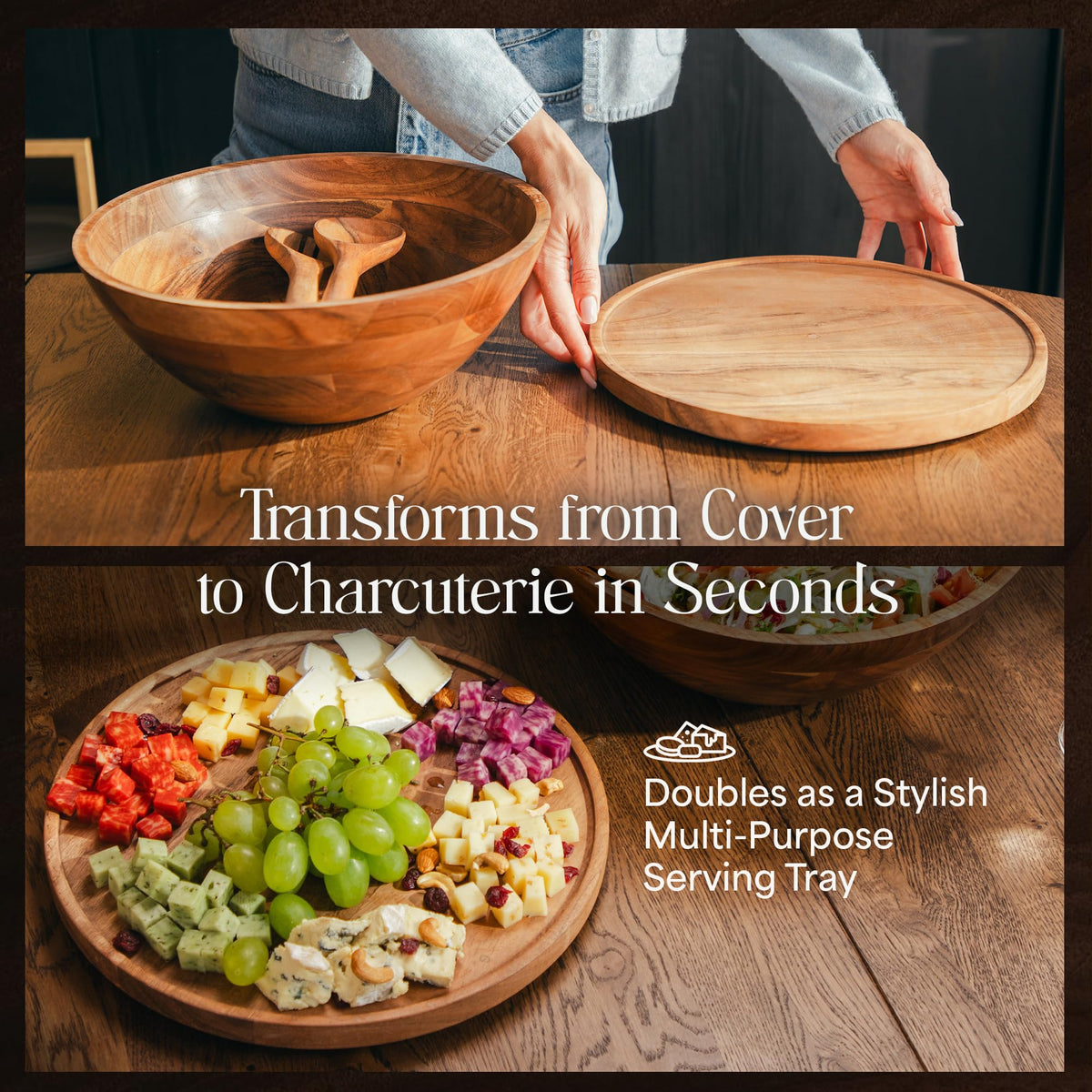 Public House Large Wooden Salad Bowl Set 12.5 Inch with Serving Utensils, Tray Lid and Carry Strap. Acacia Wood Large Salad Bowls Ideal for Fruits and Dishes, Wooden Bowls for Food, Serving Bowl