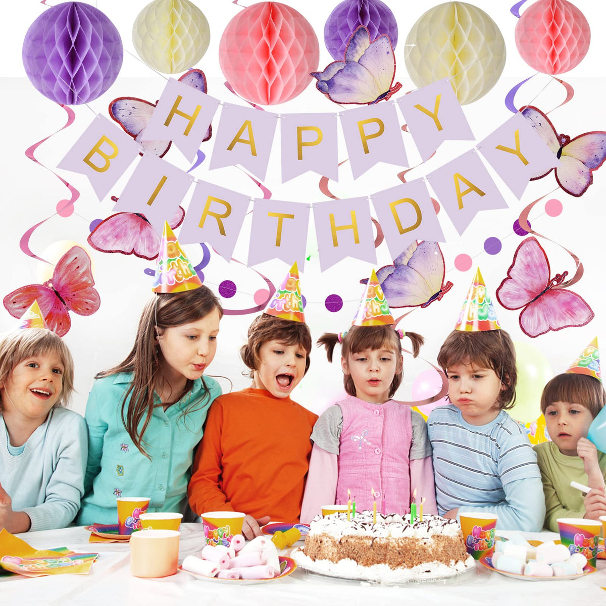 meowtastic Birthday Decorations, Happy Birthday Banner with Honeycomb Balls, Butterfly Hanging Swirl Streamers, Circle Dots Garland, Happy Birthday Party Decorations for Women Men Boys Girls (Purple)