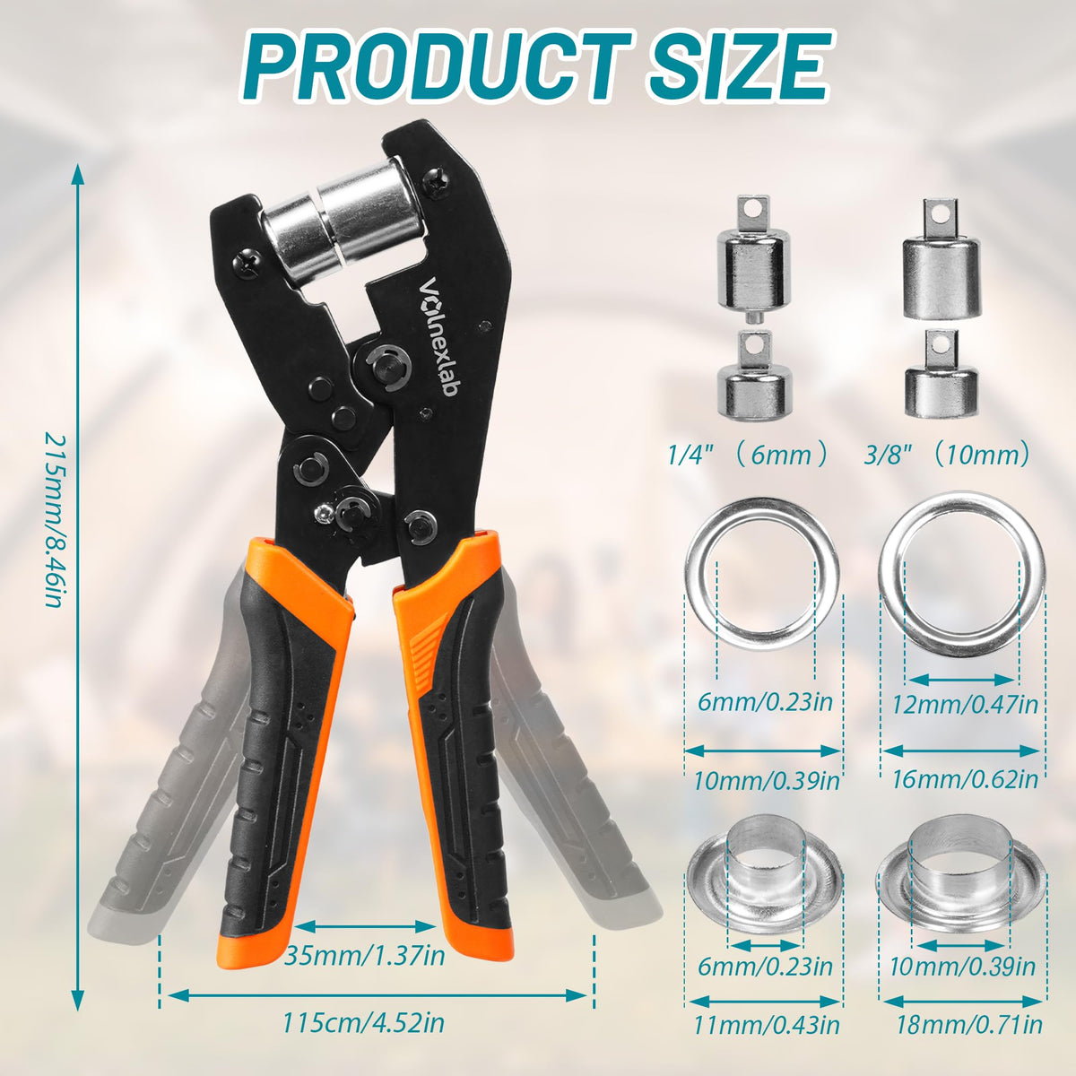 VOLNEXLAB Grommet Tool Kit, 1/4" and 3/8" Eyelet Pliers Set with 400 Silver Metal Grommets, Handheld Grommet Setter Kit for Canvas, Banner, Tarps, Tents, Vinyl, Leather and DIY Crafts
