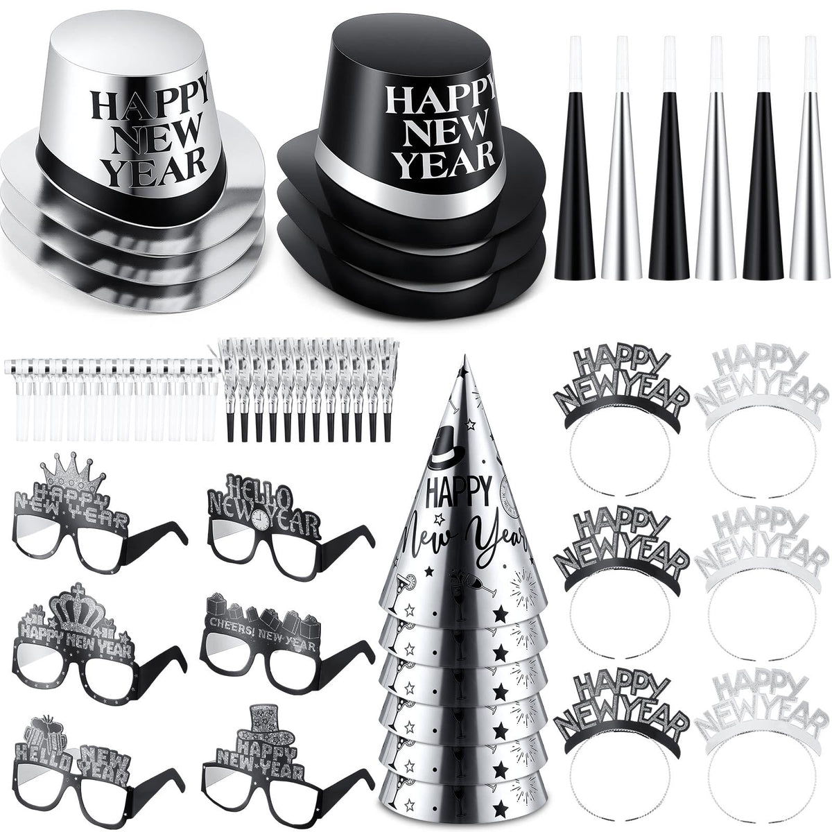 Junkin 54 Pcs New Years Eve Party Supplies 2026 Kit for 24 Guests Include Top Hats Cone Hats Glasses Headbands Blowing Dragon Trumpet Happy New Year Decorations Bulk Party Favors (two-tone)