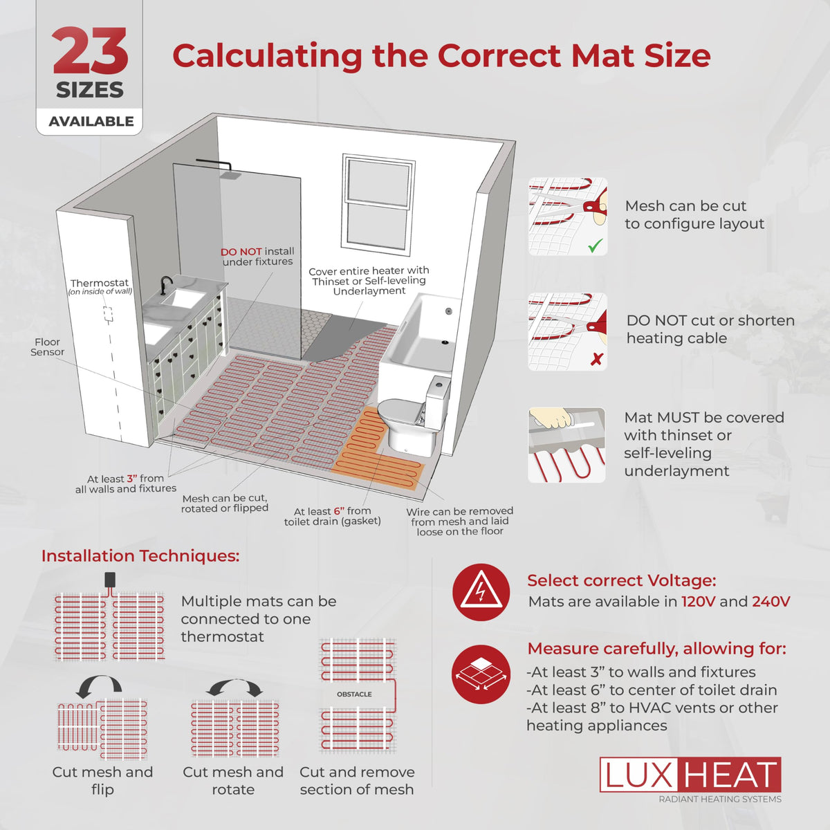 LuxHeat 110sqft Floor Heating Mat Kit - 120v Radiant Floor Heat System for Tile - Easy to Install Infloor Heat System - Includes UWG5 WiFi Programmable Thermostat w/GFCI, Alarm & Flooring Sensor