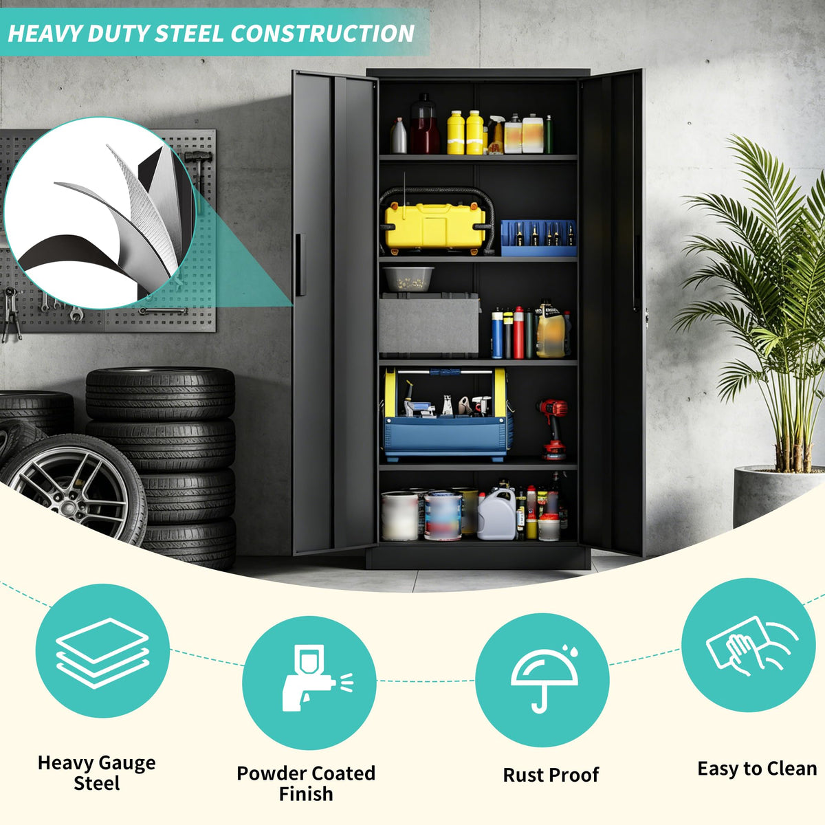 SAWJEC Metal Garage Storage Cabinet with Lock, 71" Tall Heavy Duty Cabinet for Garage Workshop Home Office, Steel Locking Storage with 4 Adjustable Shelves, Black, 15.7" D x 31.5" W x 70.9" H