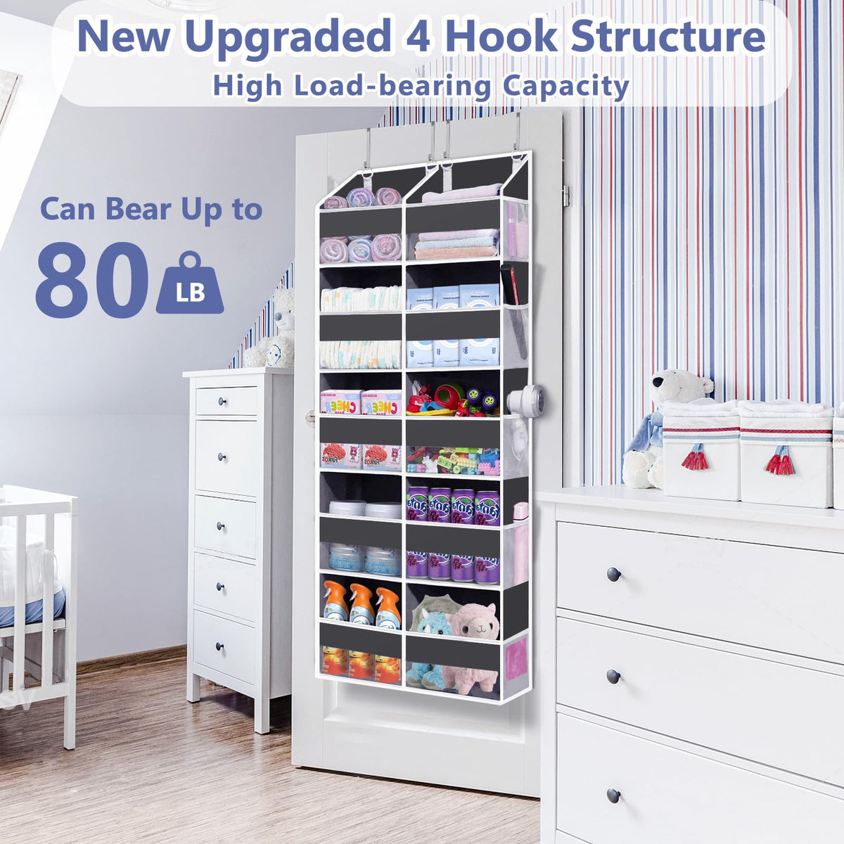 Heavy Duty Over The Door Organizer 5 Tiers, Extra Large Behind Door Storage of 10 Big Front & 10 Mesh Pockets, 80lb Weight Capacity, Hanging Doors Storage Organizer for Closet Bedroom Nursery, Grey