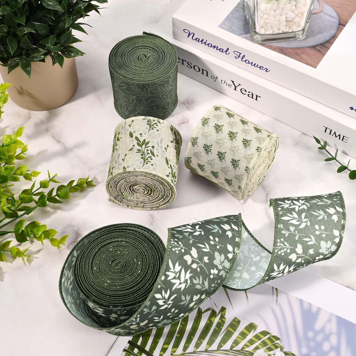 4 Rolls 20 Yards Sage Green Wired Edge Ribbon 2.5 Inch Spring Botanical Floral Buralp Ribbon Greenery Flower Fabric Ribbon for Gift Wrapping DIY Bow Wreath Making Spring Holidays Party Decorations