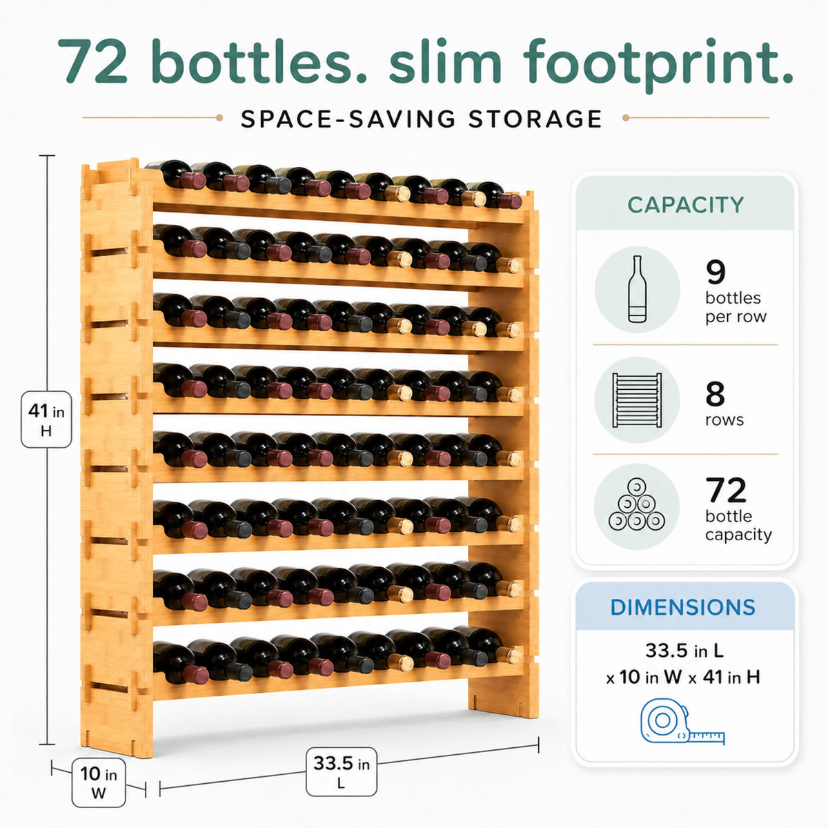 NutriChef 72 Bottle Stackable Bamboo Wine Rack, 8-Tier Modular Shelf