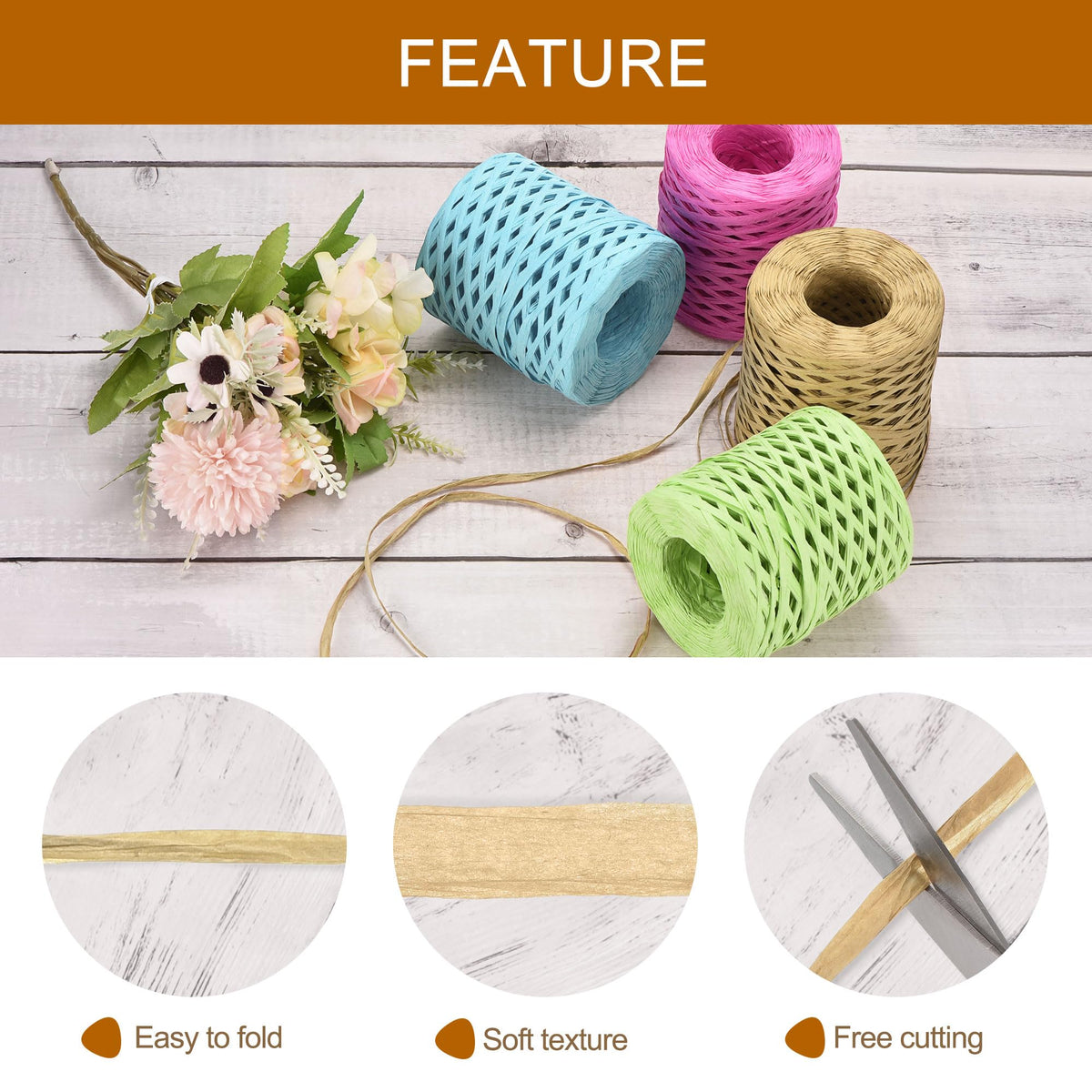 uxcell Raffia Paper Craft Ribbon, 1/4 Inch 218 Yards Raffia Twine String Packing Paper Twine for Christmas Wrapping DIY Craft, Light Brown