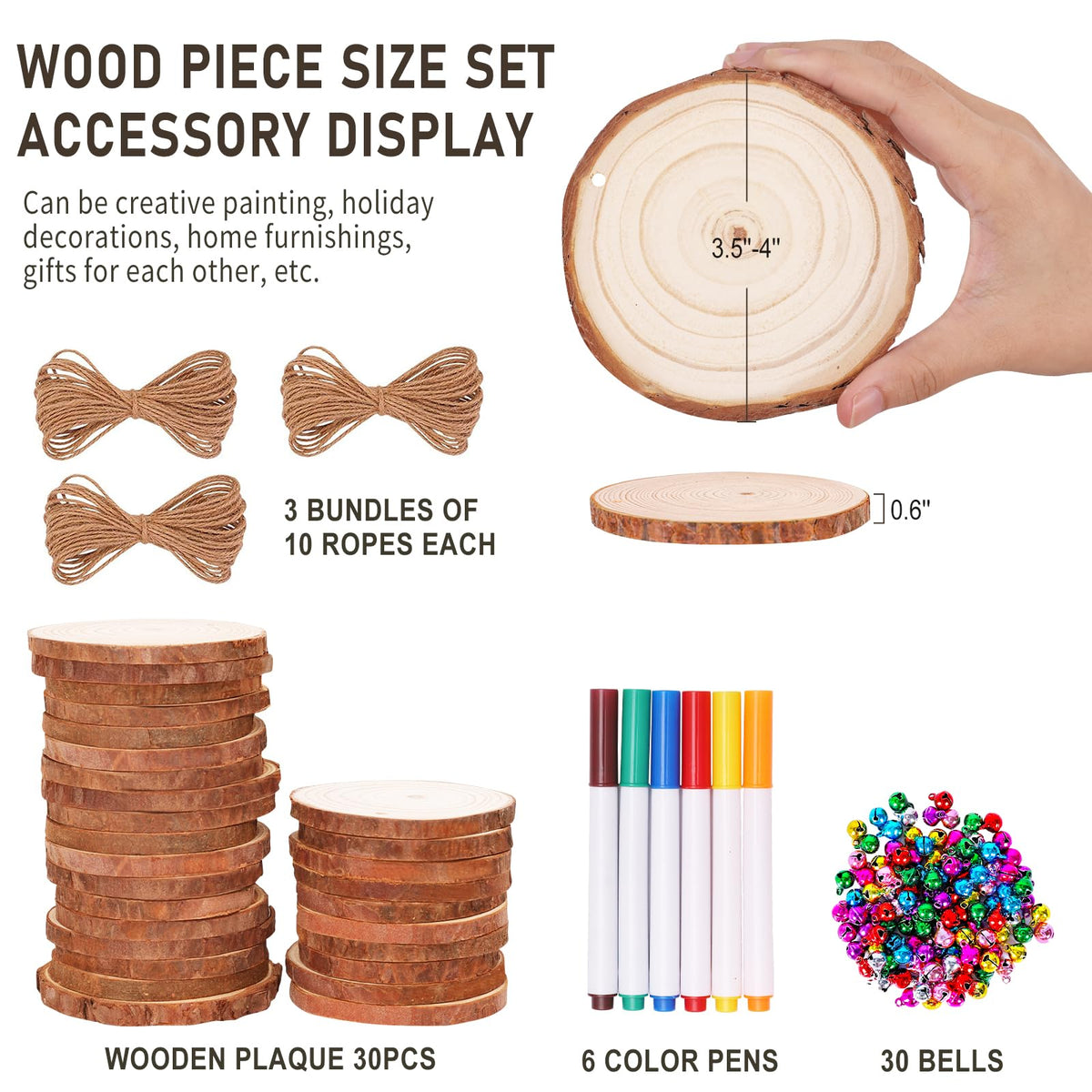 Max Fun Natural Wood Slices 30PCS 3.5-4'' Crafts DIY Wooden Christmas Ornaments Unfinished Predrilled Round Wood Circles for Arts and Crafts Centerpieces Holiday Hanging Decorations
