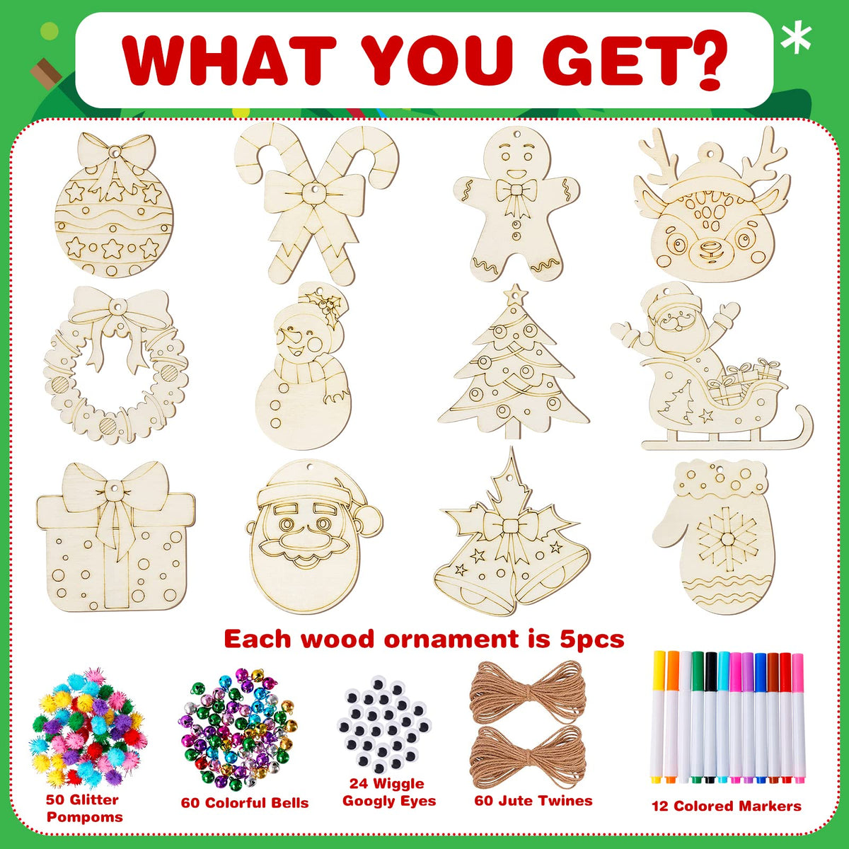 MGparty 60Pcs DIY Wood Slices, Wooden Christmas Ornaments Bulk for Crafts, Unfinished Paintable Wooden Hanging Decorations, Wood Kit for Crafts with 12 Coloured Pens and 60 Jingle Bells