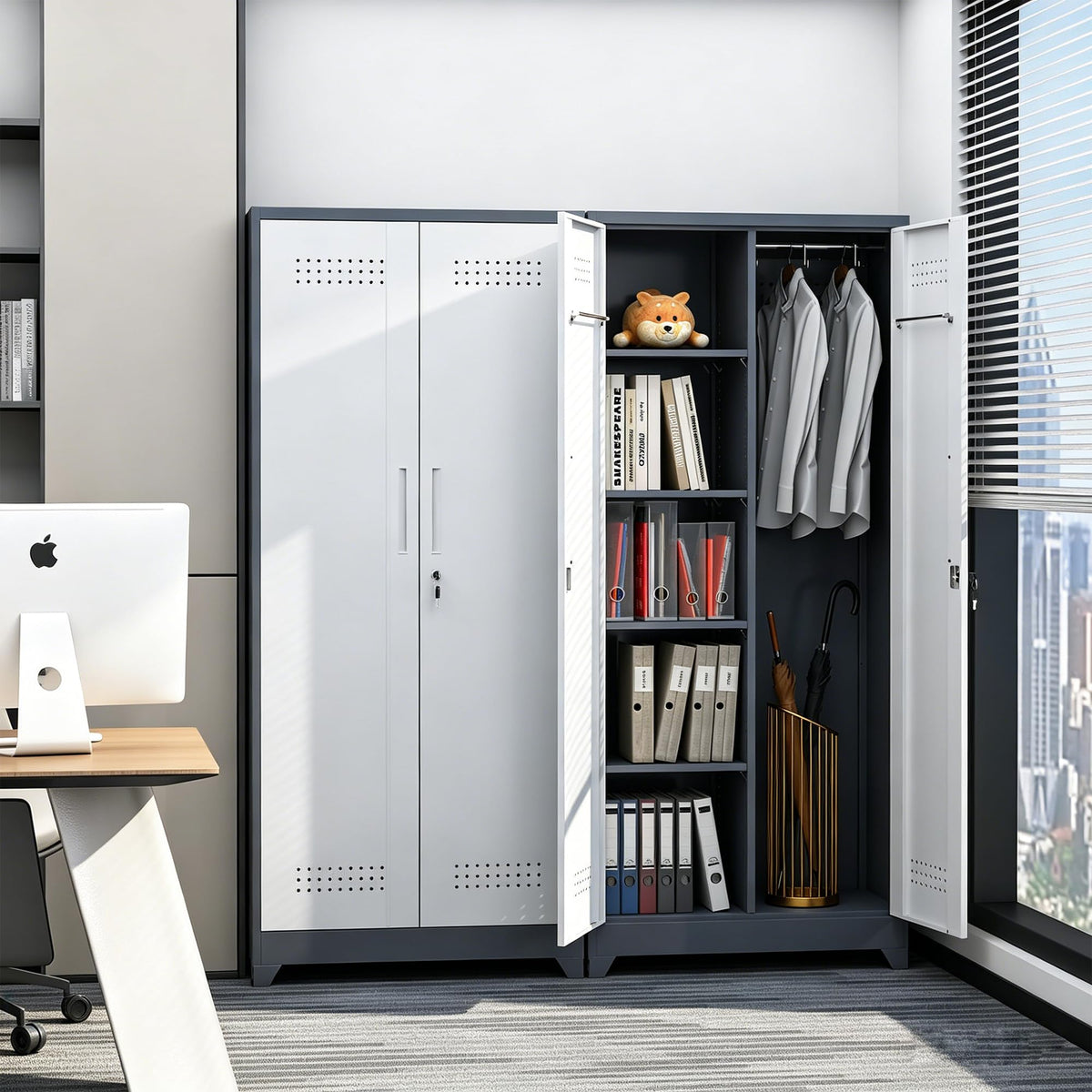 NICEGDLT Metal Storage Cabinet 72" Tall, Garage Storage Cabinet with Lockable Doors & Shelves, Utility Broom Closet, Steel Tool Cabinet for Garage, Laundry Room, Home Office, Grey/White