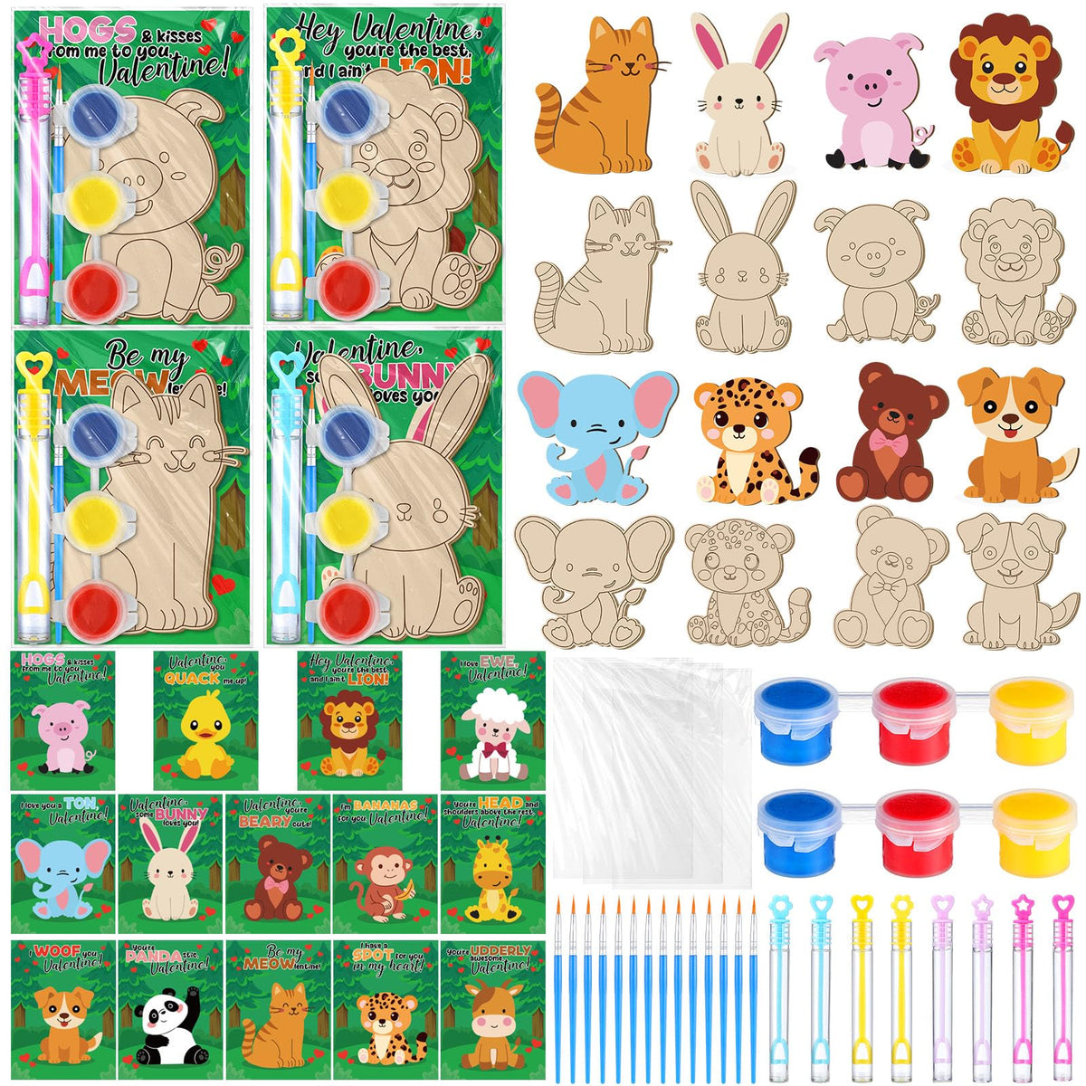 JellyArch 28 Set Animals Wood Kits Kids Painting Kit Painting Wooden Kits Bulk with Bubbles Card Watercolor Gift for Kids Classroom School Art Class DIY Craft Supplies Adopt a Pet Animals Party Favors