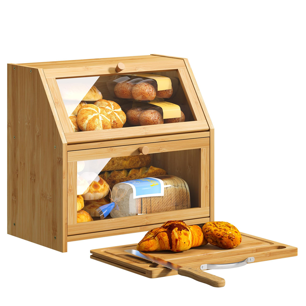 BMOSU Bread Box with Cutting Board Kitchen Bread Storage Organizer Farmhouse Countertop Double Bamboo Wood Bread Box(Natural)