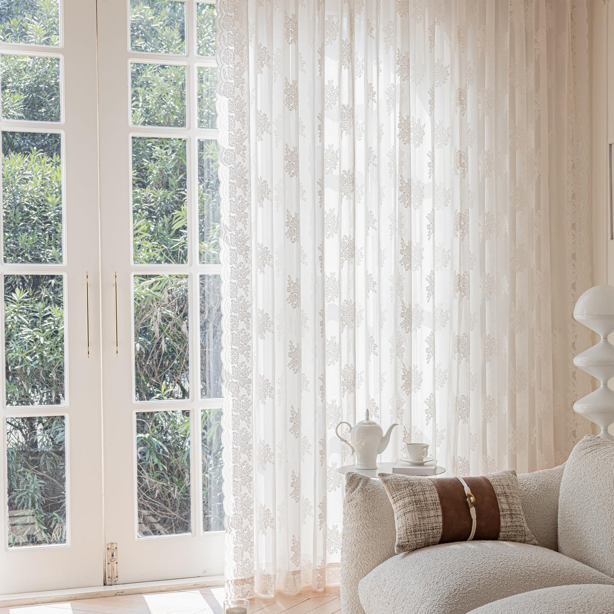 Ivory Lace Curtains 84 Inch Long Vintage Rose with Scalloped Edges Semi Sheer Curtain Drapes for Living Room, Bedroom Cream Lace Window Sheer Curtains with Rod Pocket, 57"W x 84"L, 2 Panels