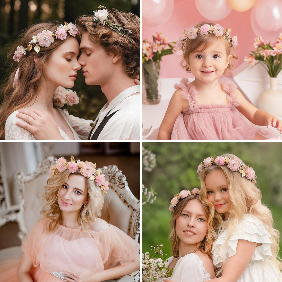 ZWLIYCHN Hot Pink Flower Crown Headband Adjustable Fairy Flower Crown with Golden Leaf Bohemia Floral Halo Headpiece Flower Garland Headband for Boho Wedding Flower Girl Maternity Photo Props