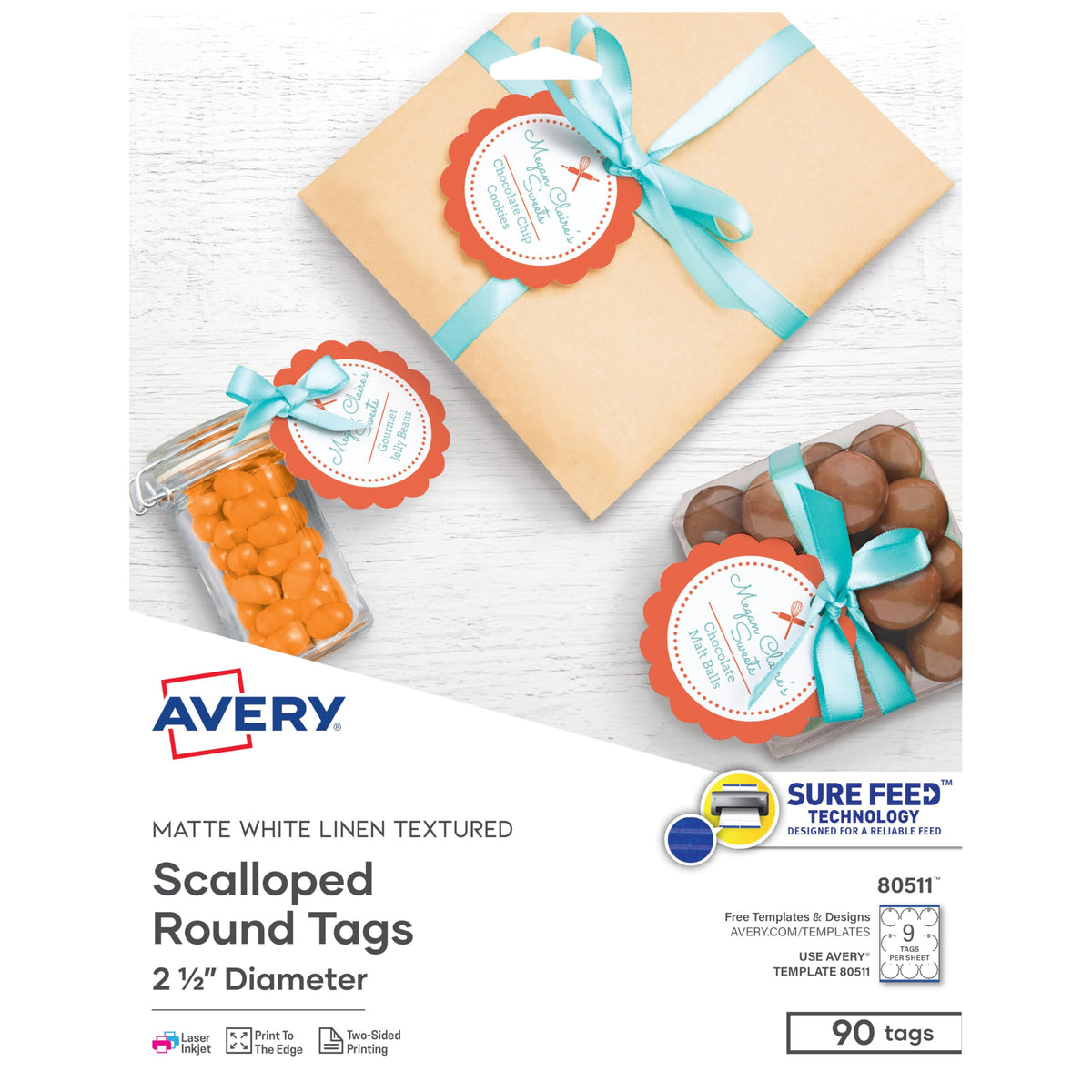 Avery Printable Blank Scallop Round Gift Tags with Sure Feed, 2.5" Diameter, Textured White, 90 Customizable Tags (80511)