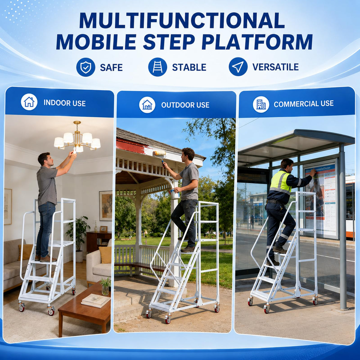 6-Step Rolling Warehouse Step Ladder, Lockable Wheels, Non-Slip Wide Steps, Dual Handrails, Movable Platform Ladder, Rolling Stairs for Warehouse, Supermarket, Library (White, 6 Steps)
