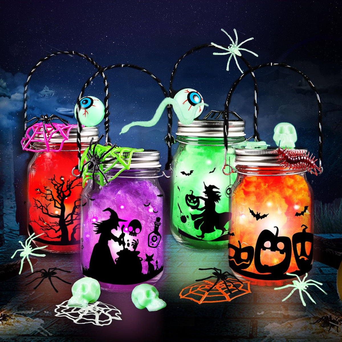 Halloween Craft for Kids,4PCS Halloween Mason Jar Kit with Accessories for Kids DIY,Halloween-Theme Art Activities Supplies Gifts for Kids Aged 4-12,Party Decoration Classroom Trick or Treat