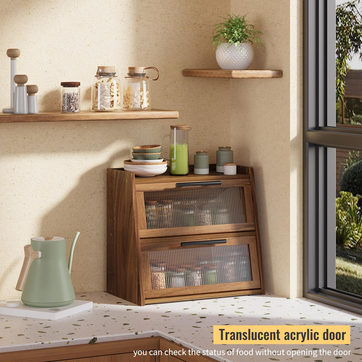 Furshus Bread Box for Kitchen Counter, Wooden Double Layer Bread Storage Container Bin,Bread Holde,Countertop Bread Storage with Window