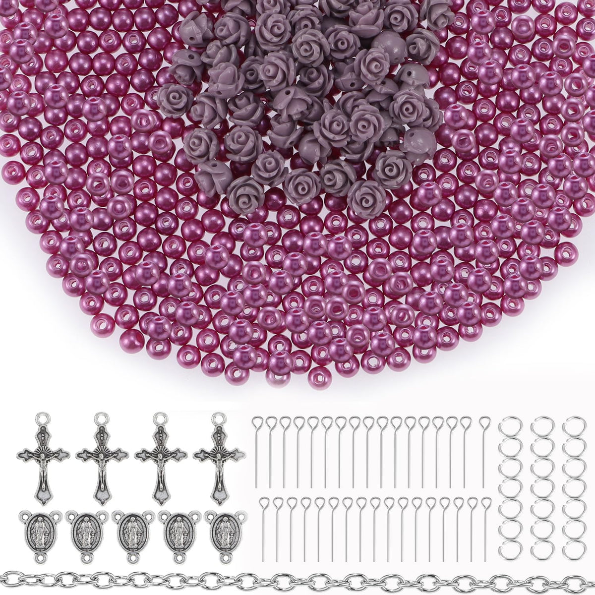 OEMOO 1410PCS Rosary Jewelry Making Kit Rosary Prayer Making Supplies Carved Rose Beads Cross Centerpiece Crucifix Medal, Silver Jesus Maria Pendant for Rosary Bracelet Necklace Jewelry (Purple)