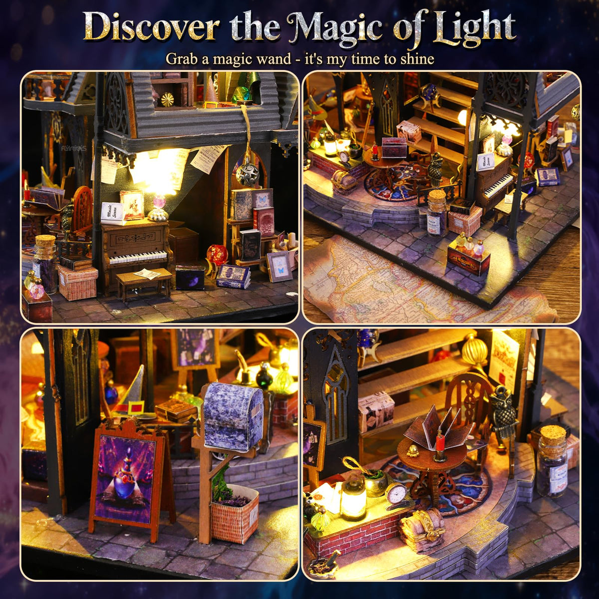FLYINTOYS DIY Miniature House Kit with LED Light, Mini House Building Kit with Furniture, 3D Wooden Puzzles Dollhouse Bookshelf Insert Decor Kit for Family and Friends (Luna's Magic House)