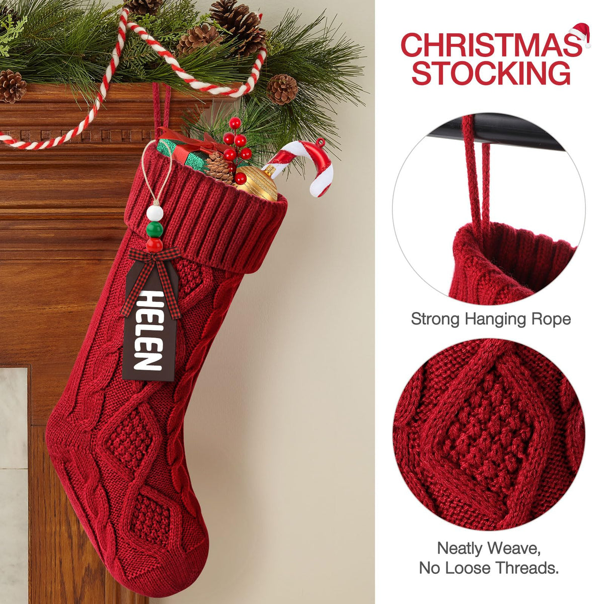 Hommtina Christmas Stockings, Personalized Christmas Stockings 18 Inches Large Size Cable Knitted Stocking Gifts (6pcs red&Green)