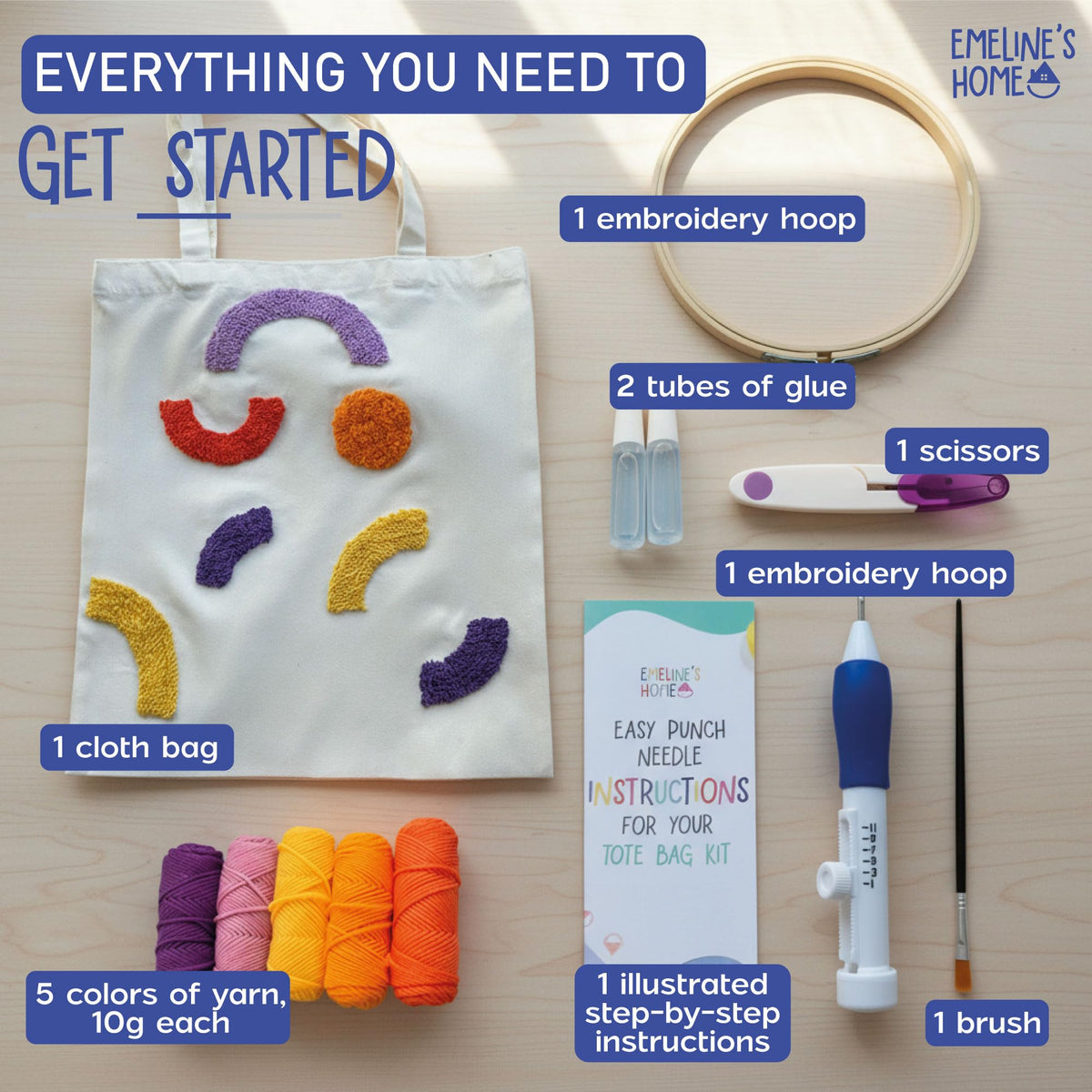 EMELINE'S HOME DIY Stitching Tote Bag Reusable - Punch Needle Kit - Punch Needle Kits Adults Beginner - Includes Printed Tote Bag, Tools, Yarn, Instructions and Video Tutorial